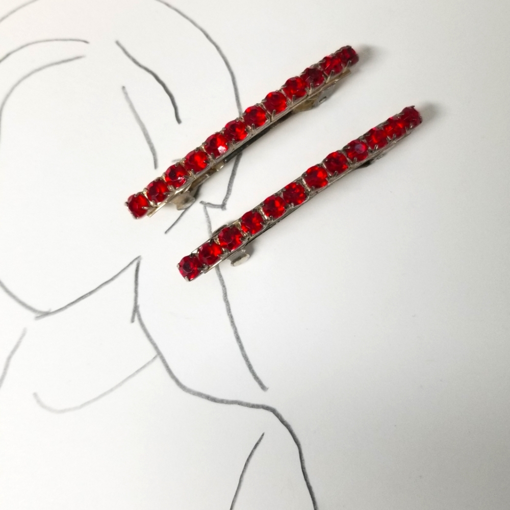 Vintage Red Rhinestones Barrettes